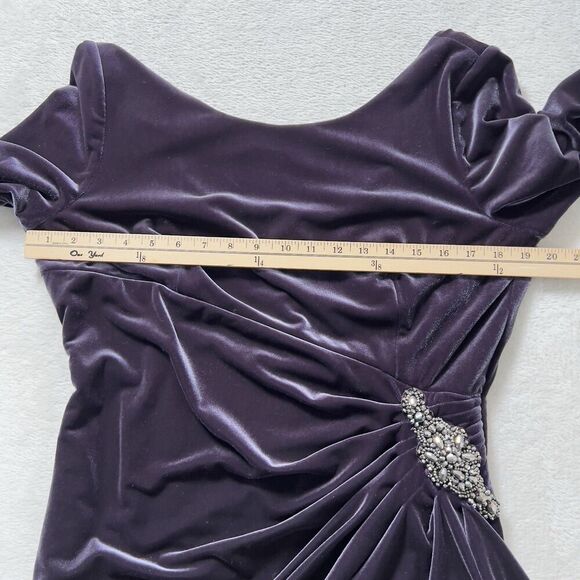 Alex Evenings Velvet Cocktail Dress Sz 14 Purple Side Draped 3/4 Sleeve - Picture 10 of 14